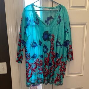 Soft Surroundings Teal, Navy,  and Red Tunic / Beach Cover Up 100% Cotton 1X